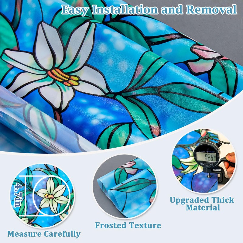 Coavas Decorative Window Privacy Film, Heat Control Sun Blocking Stained Glass Window Film, Floral Design Static Cling, Non Adhesive Windows Tint for Bathroom Front Door (Vinyl, 23.6" x 157.4 ") - Image 5